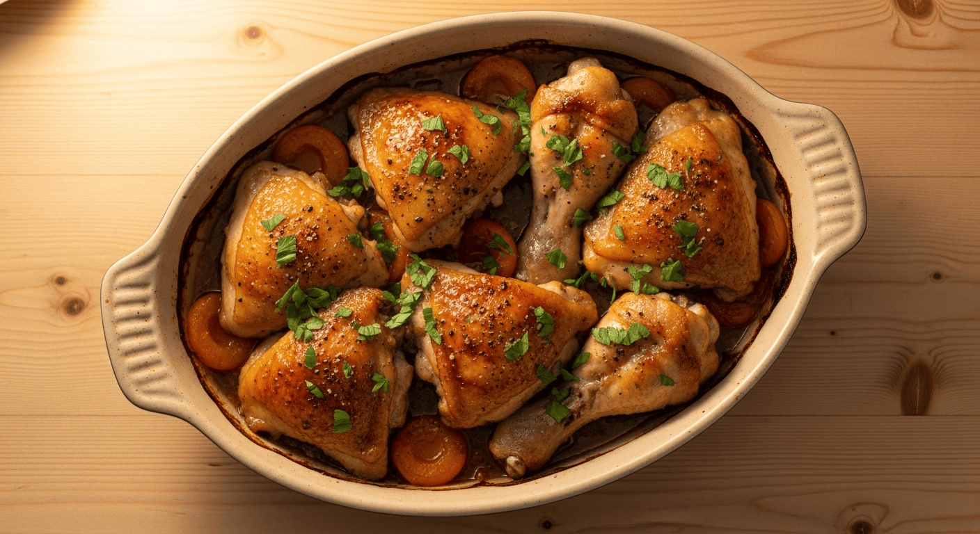 Baked Apricot Chicken: Easy & Flavorful Weeknight Meal A close-up of beautifully baked apricot chicken thighs with a sticky, golden glaze, garnished with fresh herbs in a white baking dish.