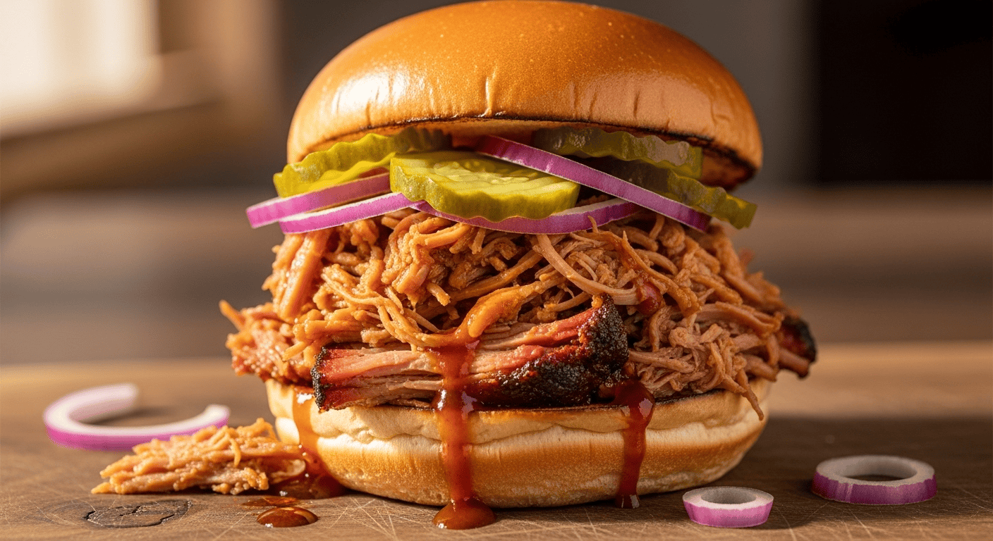 Best Slow Cooker Texas Pulled Pork Recipe | Tyla A close-up of a generously filled Slow Cooker Texas Pulled Pork sandwich on a toasted bun with pickles and coleslaw in the background.