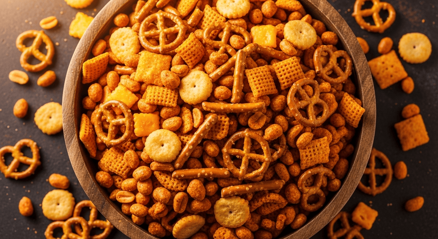 Easy Buffalo Pretzel Snack Mix: Your Ultimate Game Day Treat! A close-up of a delicious buffalo pretzel snack mix in a large bowl, perfect for game day