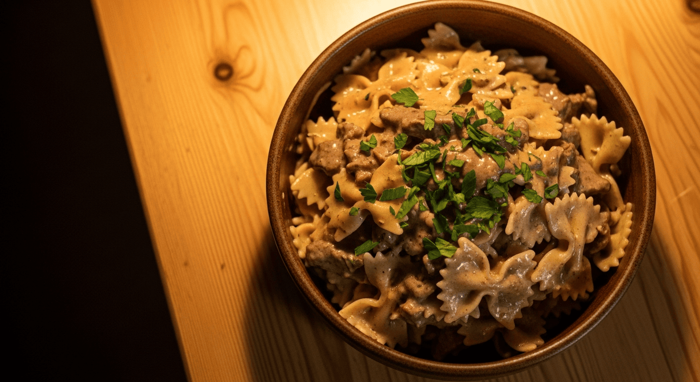 A generous serving of creamy beef bow tie pasta garnished with fresh green parsley in a white bowl, ready to be enjoyed.