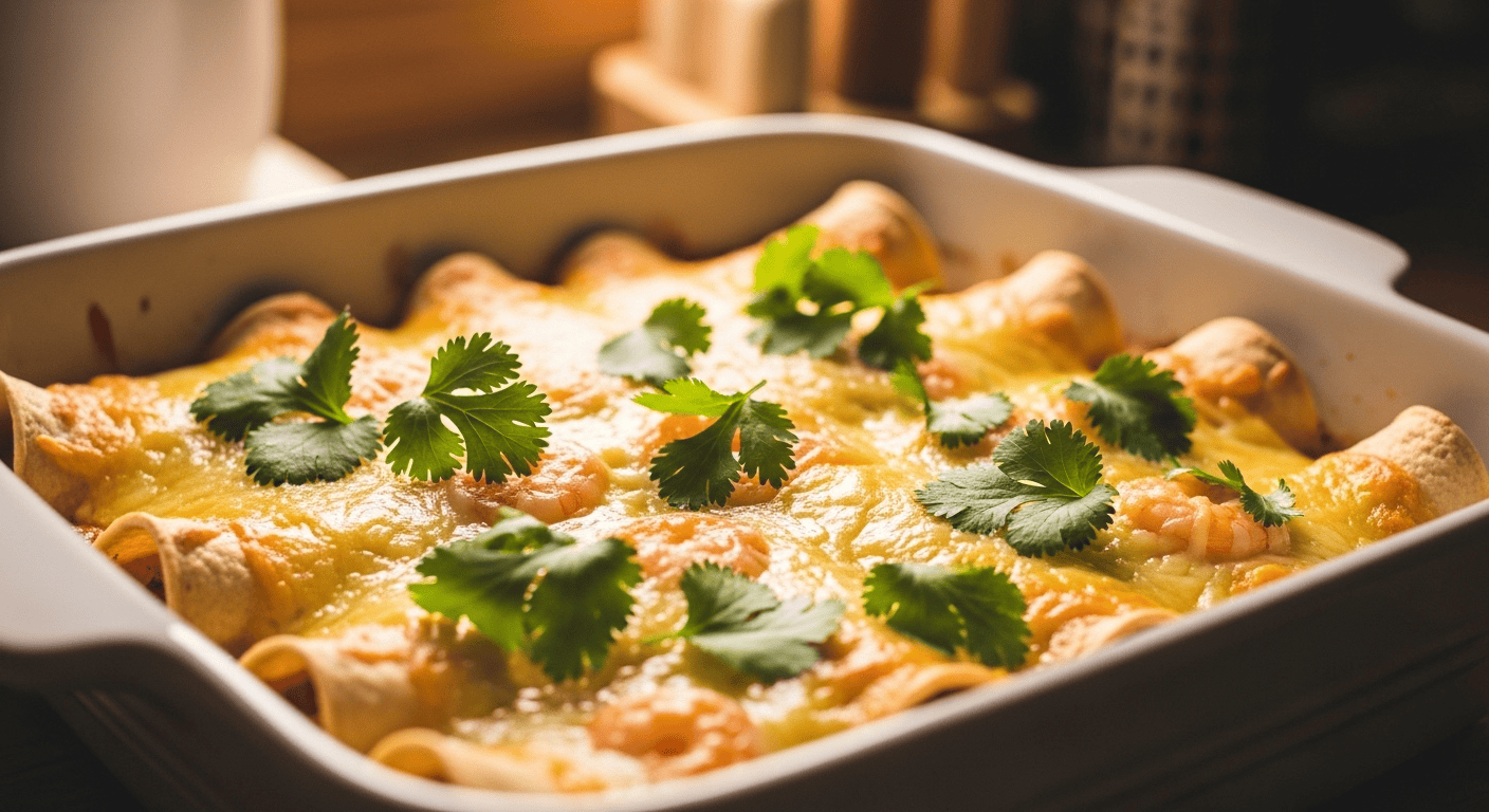 A close-up shot of two golden-baked creamy shrimp enchiladas in a white baking dish, garnished with fresh cilantro, showcasing the melted cheese and rich sauce.