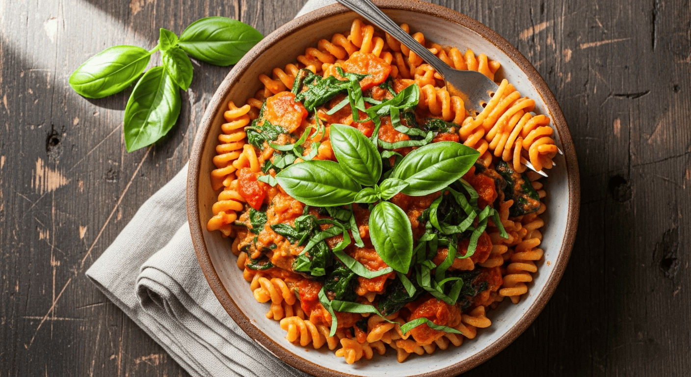 Creamy Tomato Spinach Pasta: Easy Weeknight Dinner | by Tyla A vibrant bowl of creamy tomato spinach pasta garnished with fresh basil leaves, served on a rustic wooden table.