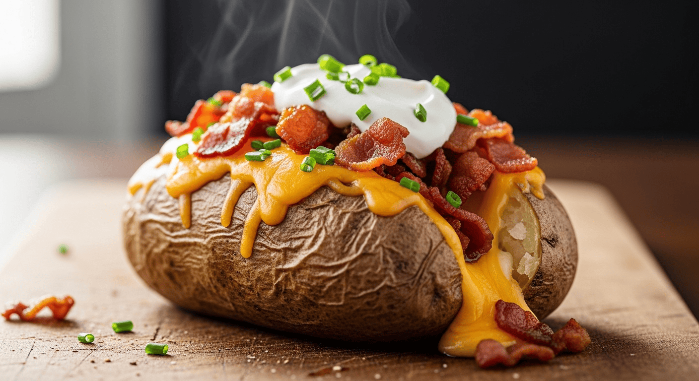 Crispy Loaded Baked Potatoes: The Ultimate Comfort Food A close-up of a crispy loaded baked potato with melted cheese, bacon, and sour cream on a wooden board.