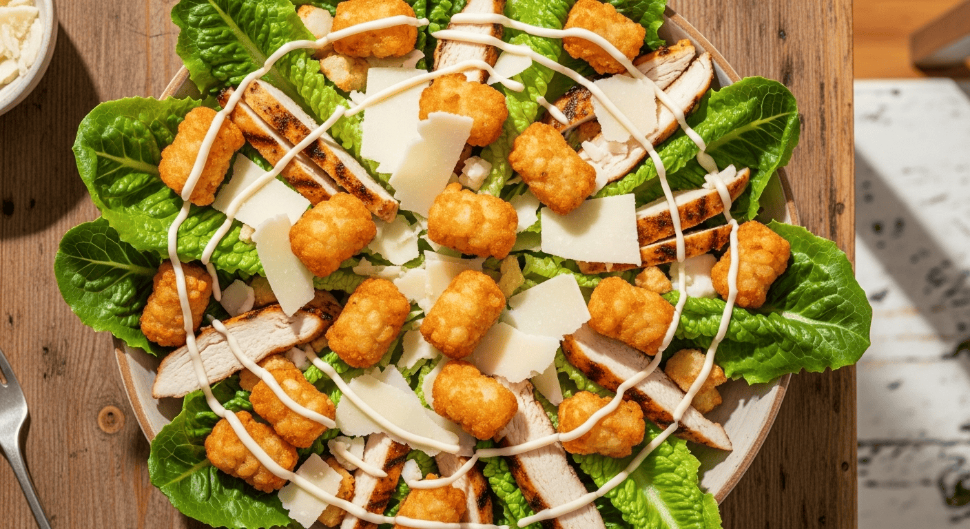 An overhead view of a large bowl of crispy tater caesar salad with golden smashed tater tot croutons, chicken, and parmesan cheese.