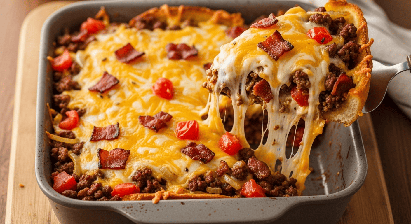 Ultimate Bacon Cheeseburger Casserole Recipe | by Tyla A close-up of a golden brown bacon cheeseburger casserole, showing melted cheese and crispy bread crust.