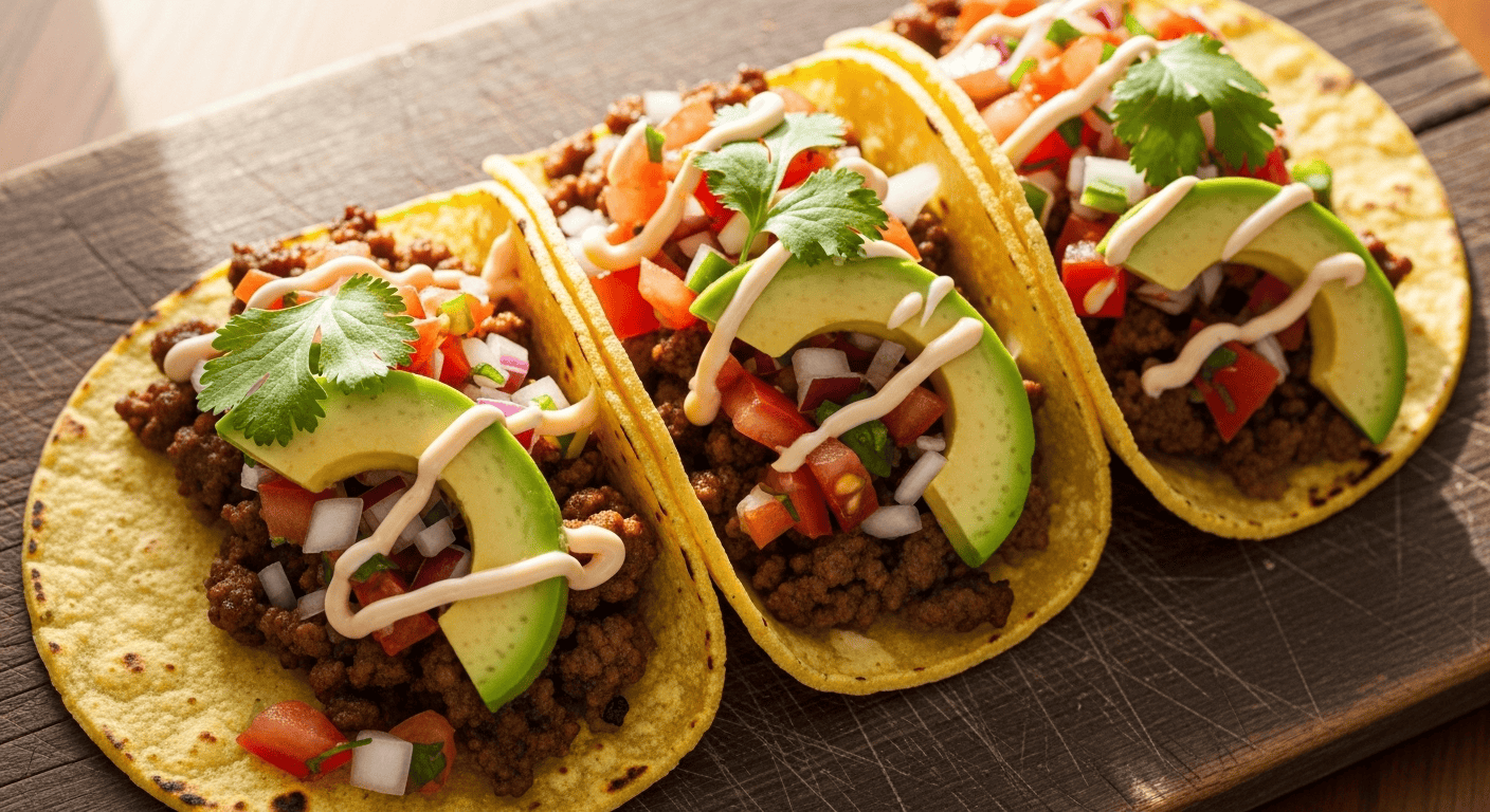 A close-up of delicious easy ground beef tacos with homemade seasoning and fresh toppings.