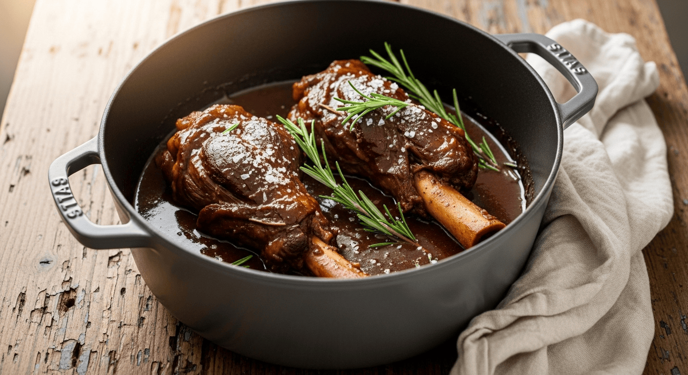 Stout Braised Lamb Shanks: Ultimate Comfort | by Tyla A close-up of tender stout braised lamb shanks in a Dutch oven with rich gravy and fresh rosemary.