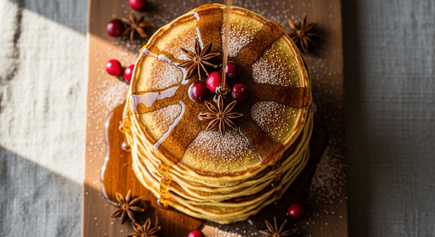A close-up of golden easy pumpkin sausage pancakes stacked on a plate, drizzled with maple syrup.