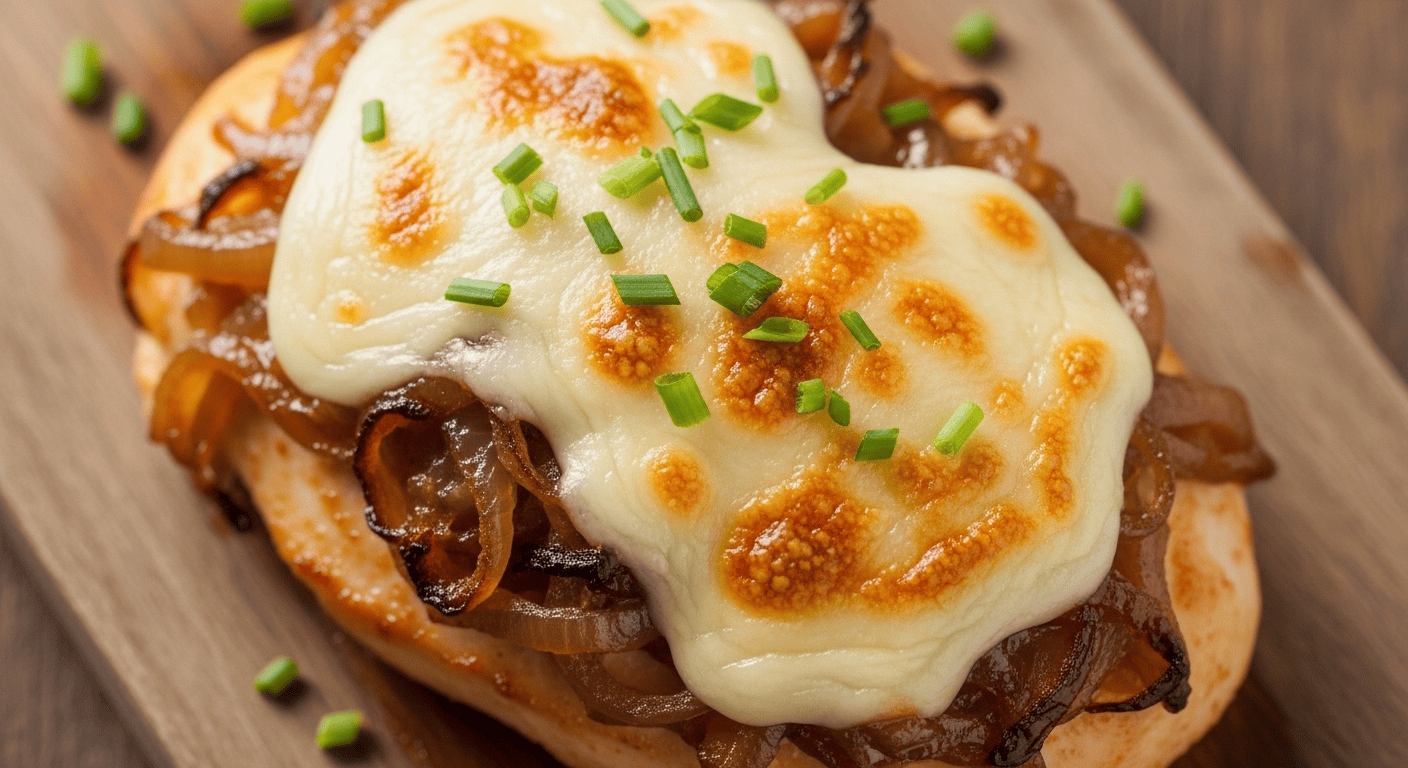 French Onion Chicken Breast | Easy Skillet Dinner Recipe A close-up of a serving of French Onion Chicken Breast topped with melted Gruyere and fresh chives.