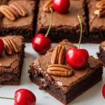 A close-up of fudgy easy cherry brownies topped with fresh cherries and a dusting of powdered sugar.