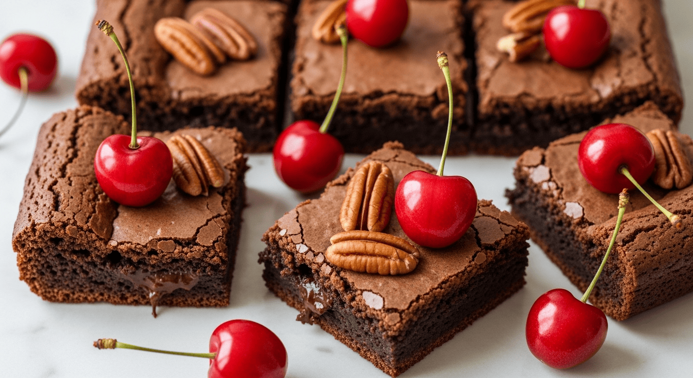 Easy Cherry Brownies Recipe: Your New Fave Treat! | by Tyla A close-up of fudgy easy cherry brownies topped with fresh cherries and a dusting of powdered sugar.