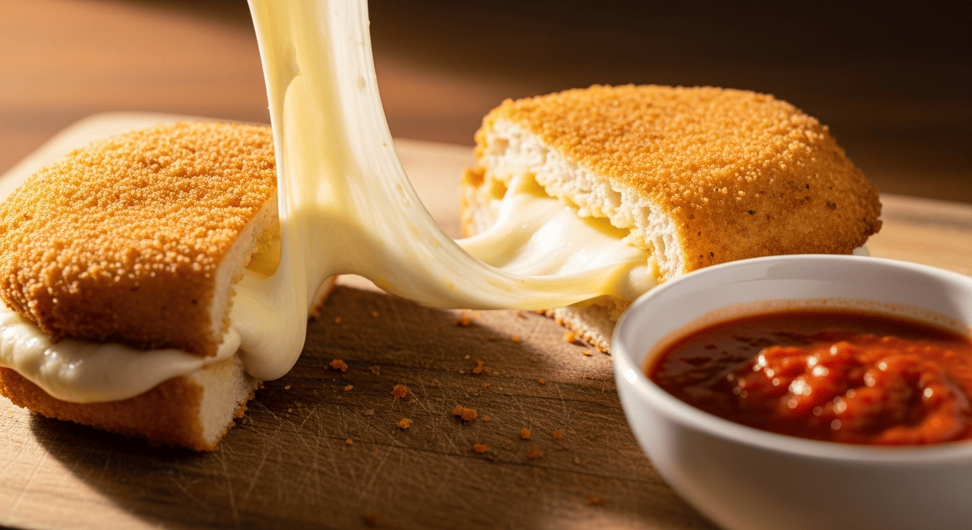 Mozzarella in Carrozza: Ultimate Fried Cheese Sandwich | Tyla A close-up of a golden fried mozzarella in carrozza sandwich with a dramatic cheese pull, served on a rustic wooden board with marinara sauce.