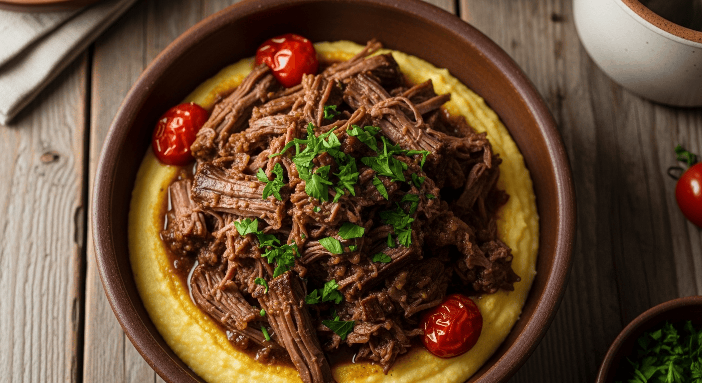 Best Italian Pot Roast Stracotto Recipe | by Tyla A close-up of tender, fall-apart Italian pot roast stracotto served over creamy polenta with fresh parsley.