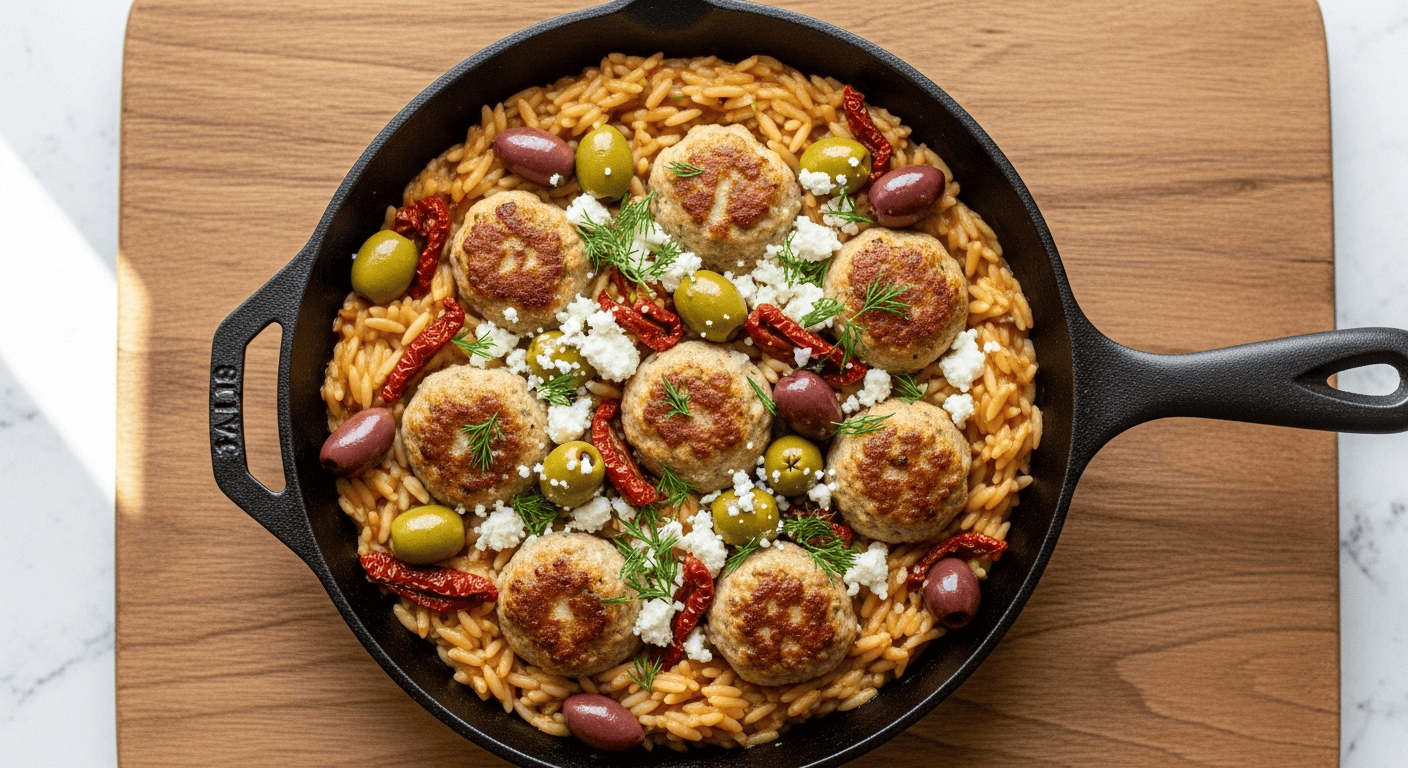 A close-up of tender, golden one-pan Mediterranean chicken meatballs with creamy orzo, sun-dried tomatoes, and green olives in a cast iron skillet.