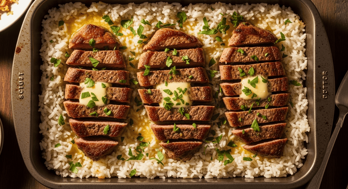 Stick of Butter Steak and Rice: Easy One-Pan Dinner | by Tyla An overhead shot of a 9x13 inch baking dish filled with golden brown stick of butter steak and rice, garnished with vibrant green parsley.