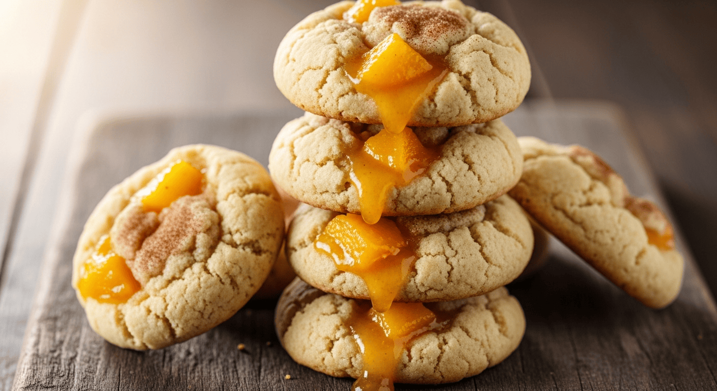 Easy Peach Cobbler Cookies | Ultimate Comfort Dessert A delectable stack of homemade peach cobbler cookies with a sweet peach filling on a wooden surface.