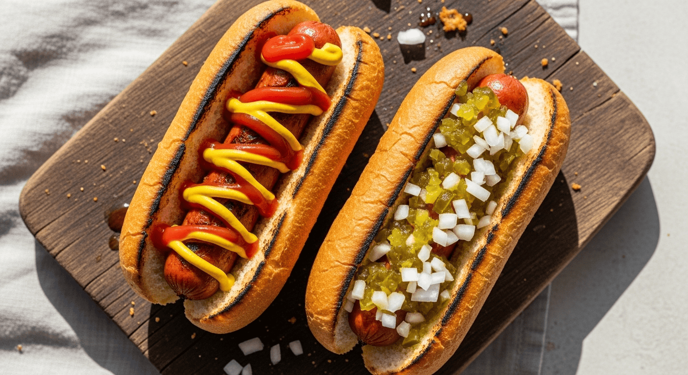 A close-up of delicious, perfectly cooked Air Fryer Hot Dogs in toasted buns with classic toppings like mustard and ketchup, ready to eat for a quick meal.