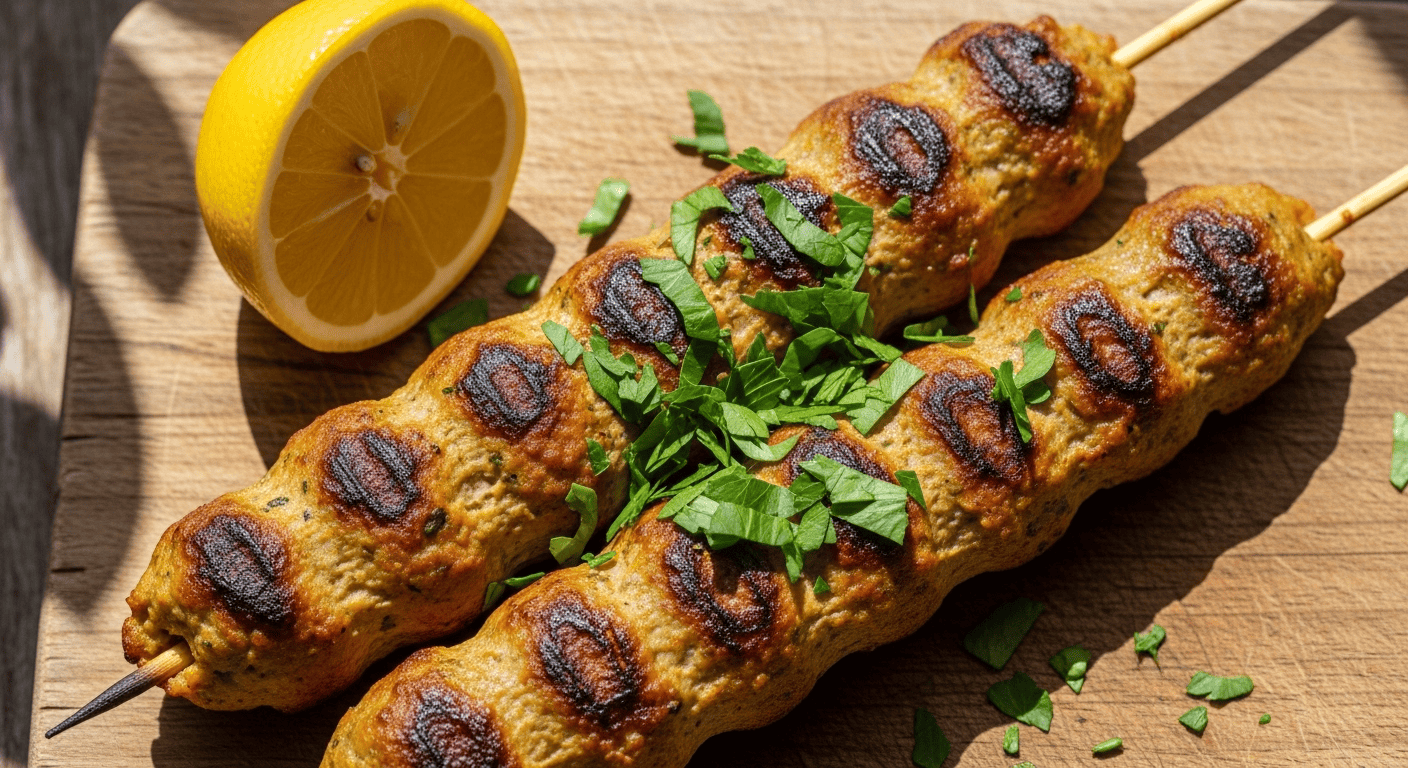 A close-up of perfectly grilled Lebanese Kafta skewers on a rustic wooden board, garnished with fresh parsley and a lemon wedge.