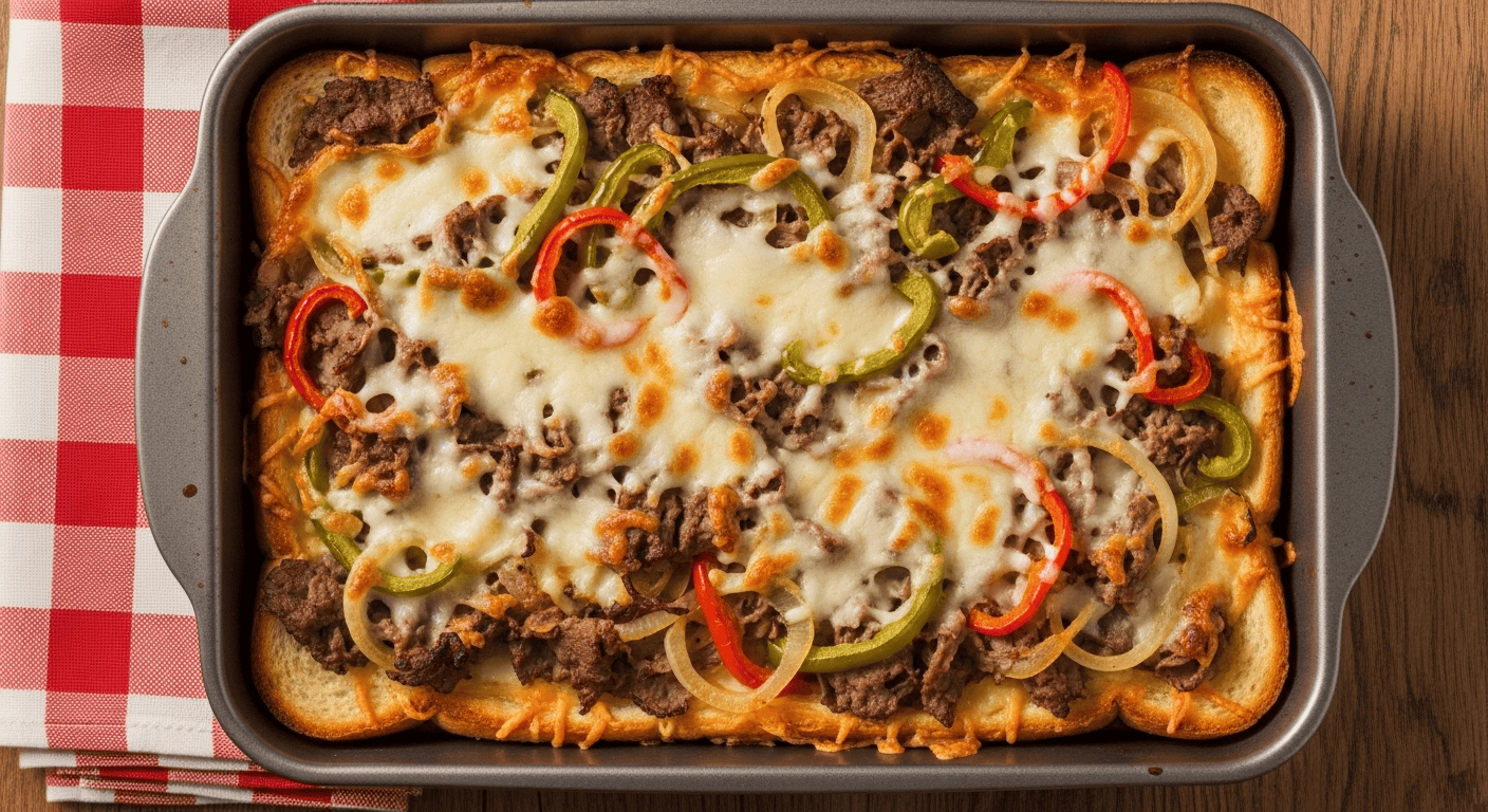 A close-up of a golden brown Philly cheesesteak grilled cheese casserole in a baking dish, with gooey melted cheese and tender beef peeking through the crispy bread.