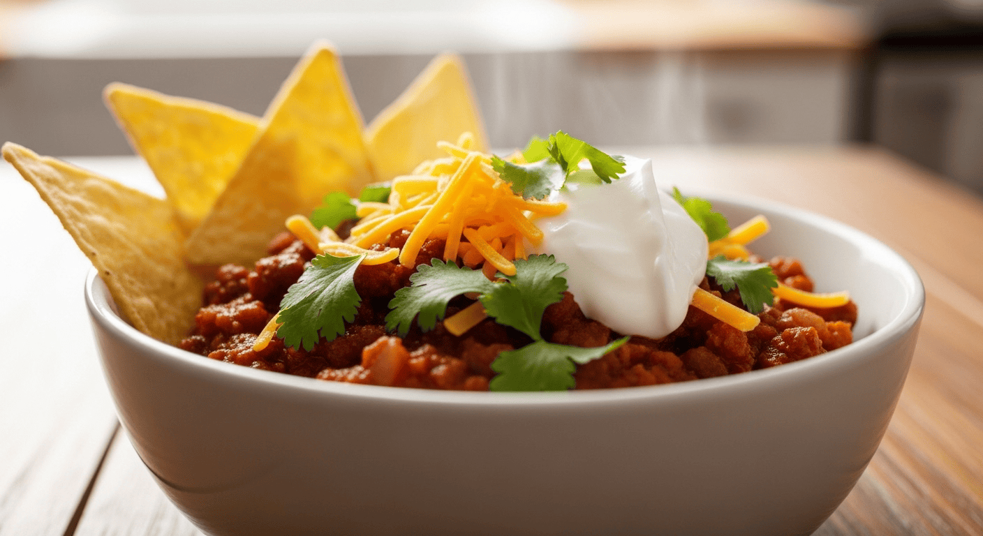 A close-up of a steaming bowl of quick chili recipe, garnished with fresh coriander, shredded cheese, and sour cream, with tortilla chips on the side.