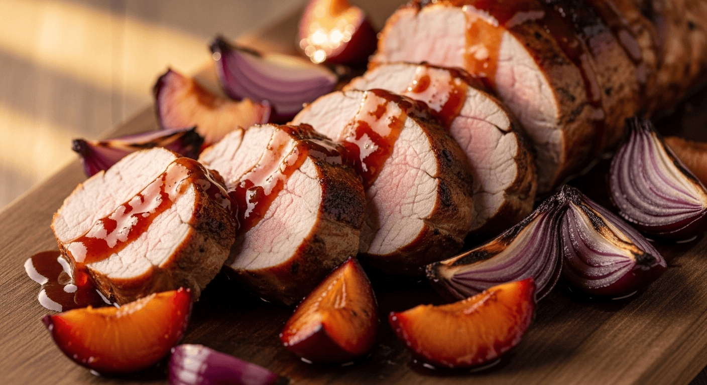 A close-up of perfectly sliced roasted pork tenderloin with plum sauce, served on a white plate with roasted plums and onions.