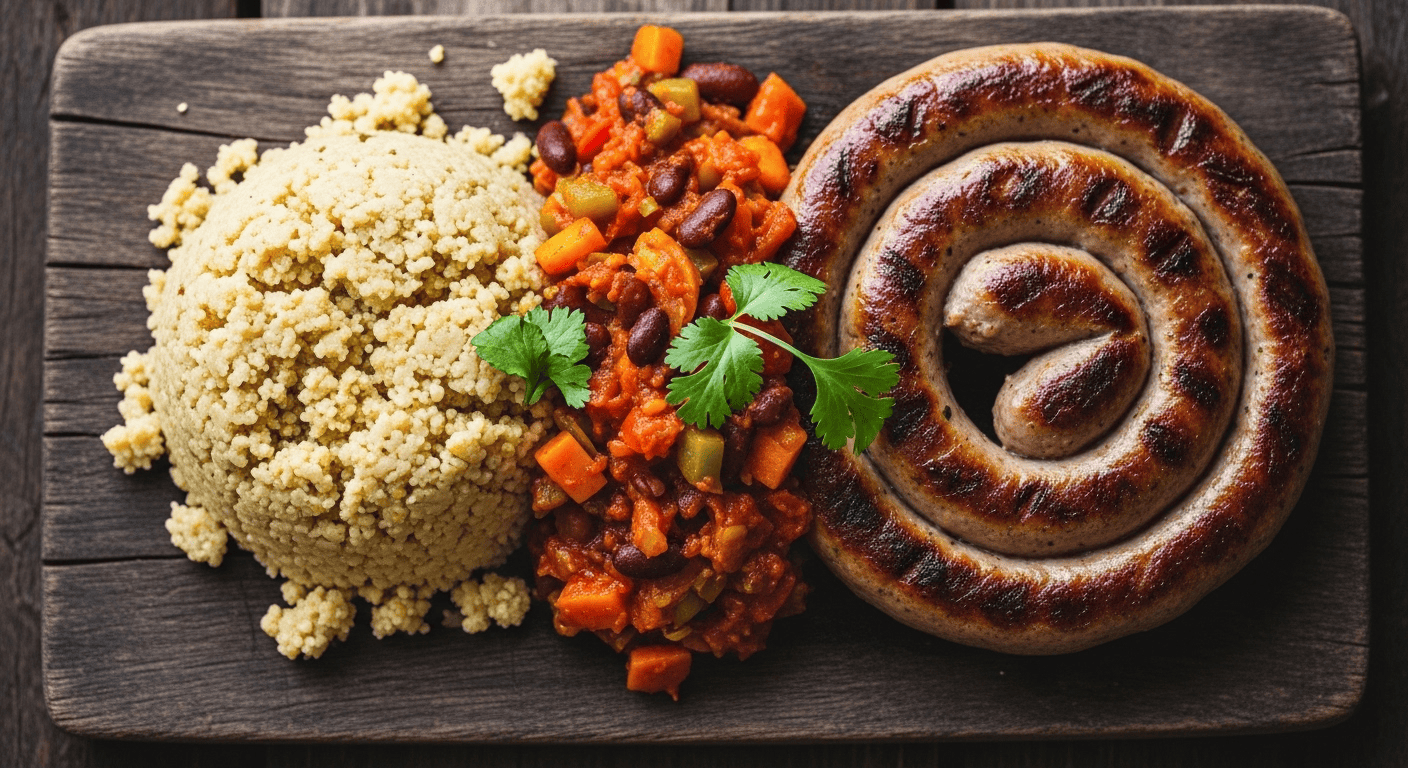A vibrant plate of traditional South African Pap Wors Chakalaka, with crumbly pap, grilled boerewors, and spicy chakalaka relish.