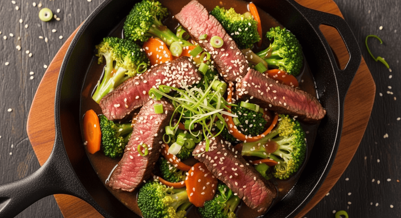 A close-up of a delicious Steak and Broccoli Stir Fry in a cast iron skillet, garnished with green onions and sesame seeds, ready to be served over rice. This highlights the easy Steak and Broccoli Stir Fry.