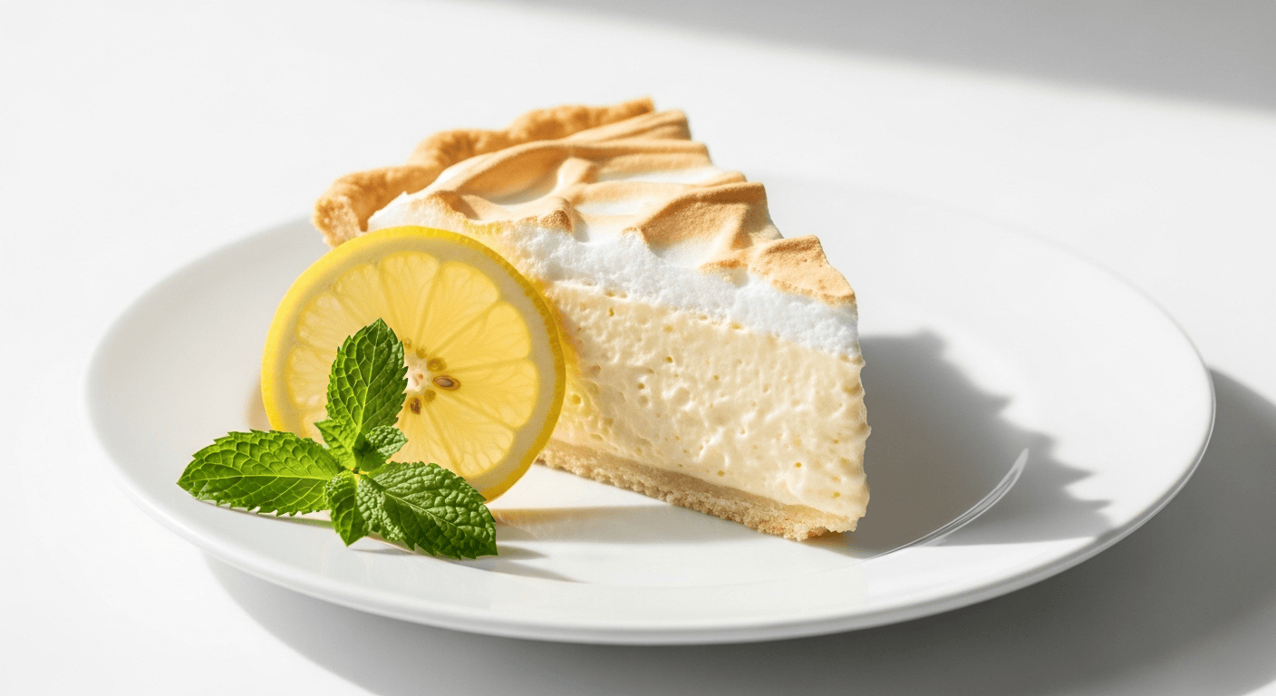 Easy Lemonade Pie Recipe: The Ultimate No-Bake Treat A close-up of a perfectly sliced easy lemonade pie on a white plate, garnished with a fresh lemon slice and a mint sprig.