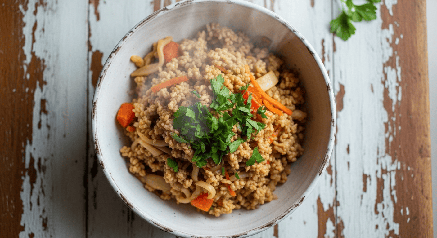 Easy American Chop Suey: Ultimate Comfort Food | by Tyla A close-up of a generous serving of easy American chop suey in a rustic white bowl, garnished with fresh parsley, on a wooden table.