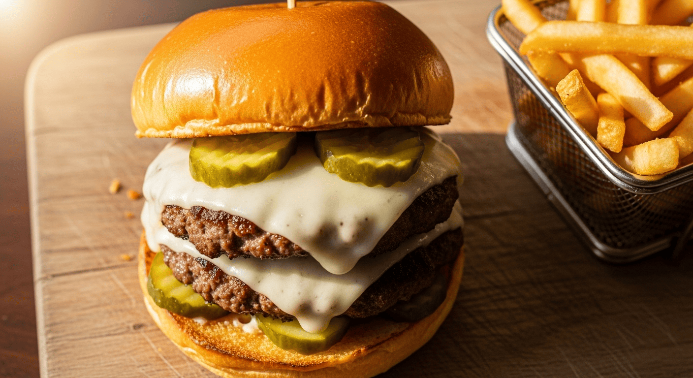 Ultimate Pickle Crustburger Recipe – Quick & Easy! A close-up of a stacked Ultimate Pickle Crustburger with melted cheese and pickles on a golden bun, served on a wooden board.