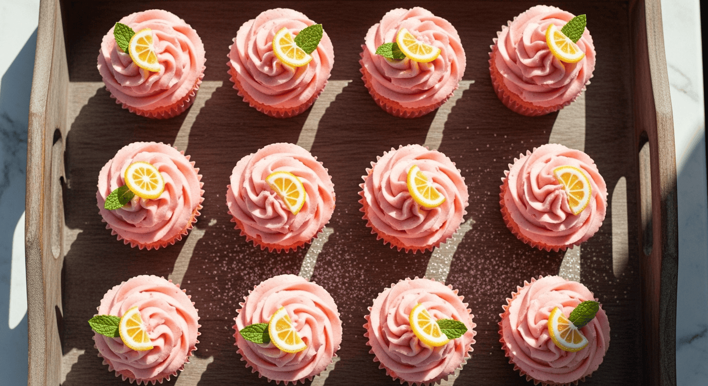 Easy Pink Lemonade Cupcakes: Your New Fave Summer Treat! A close-up of fluffy, frosted easy pink lemonade cupcakes decorated with candied lemon slices on a white plate.