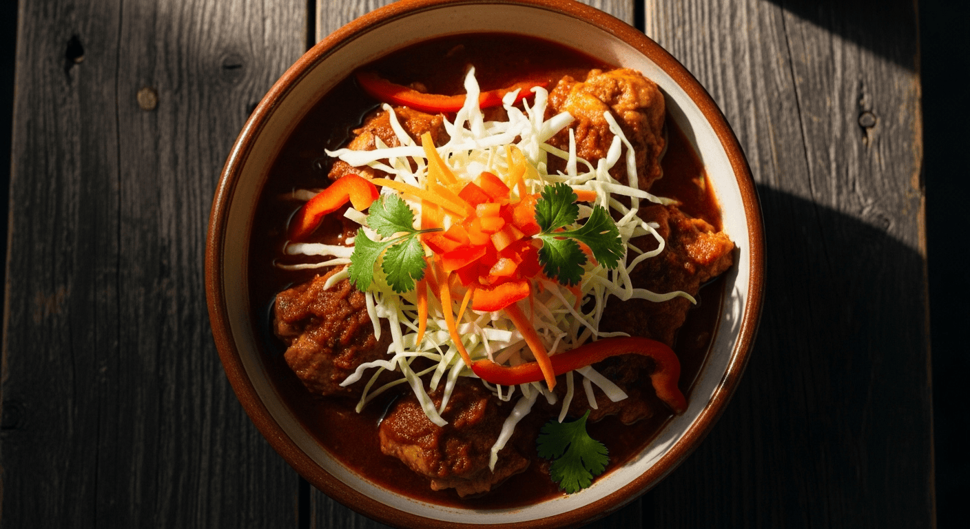 A close-up of a rustic bowl filled with hearty Belizean Chicken Stew, garnished with fresh cilantro.