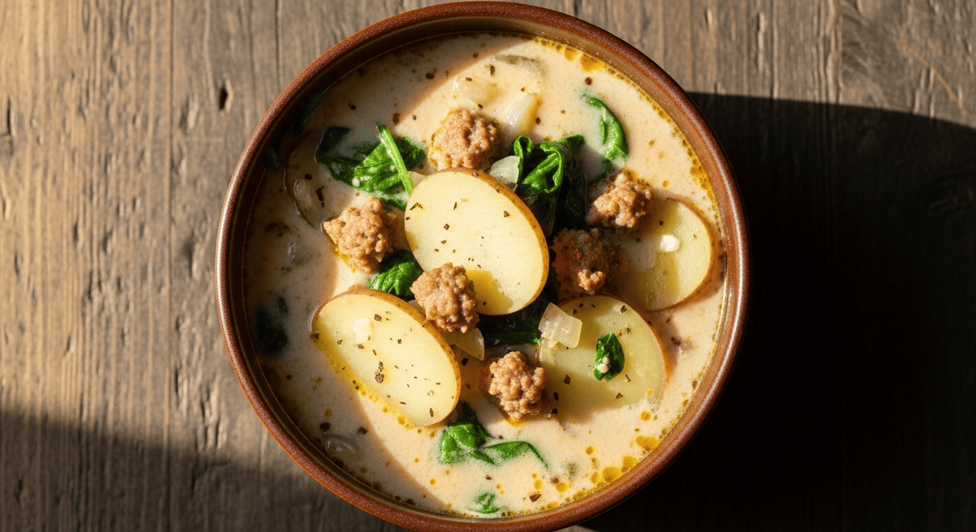 A close-up of a steaming bowl of Zuppa Toscana recipe, filled with creamy broth, savory sausage, tender potatoes, and vibrant spinach.