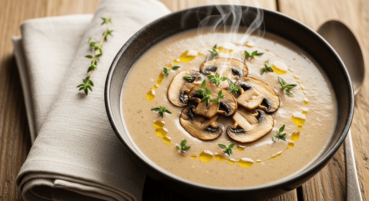 A close-up of a steaming bowl of creamy mushroom soup garnished with mushroom slices and fresh thyme.