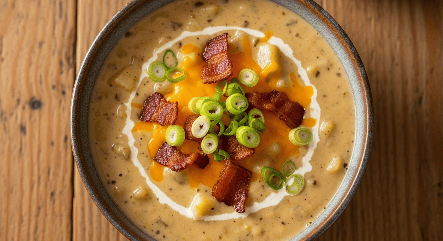 A close-up overhead view of a steaming bowl of creamy baked potato soup, topped with crispy bacon, melted cheddar cheese, and fresh green onions, served in a rustic bowl.