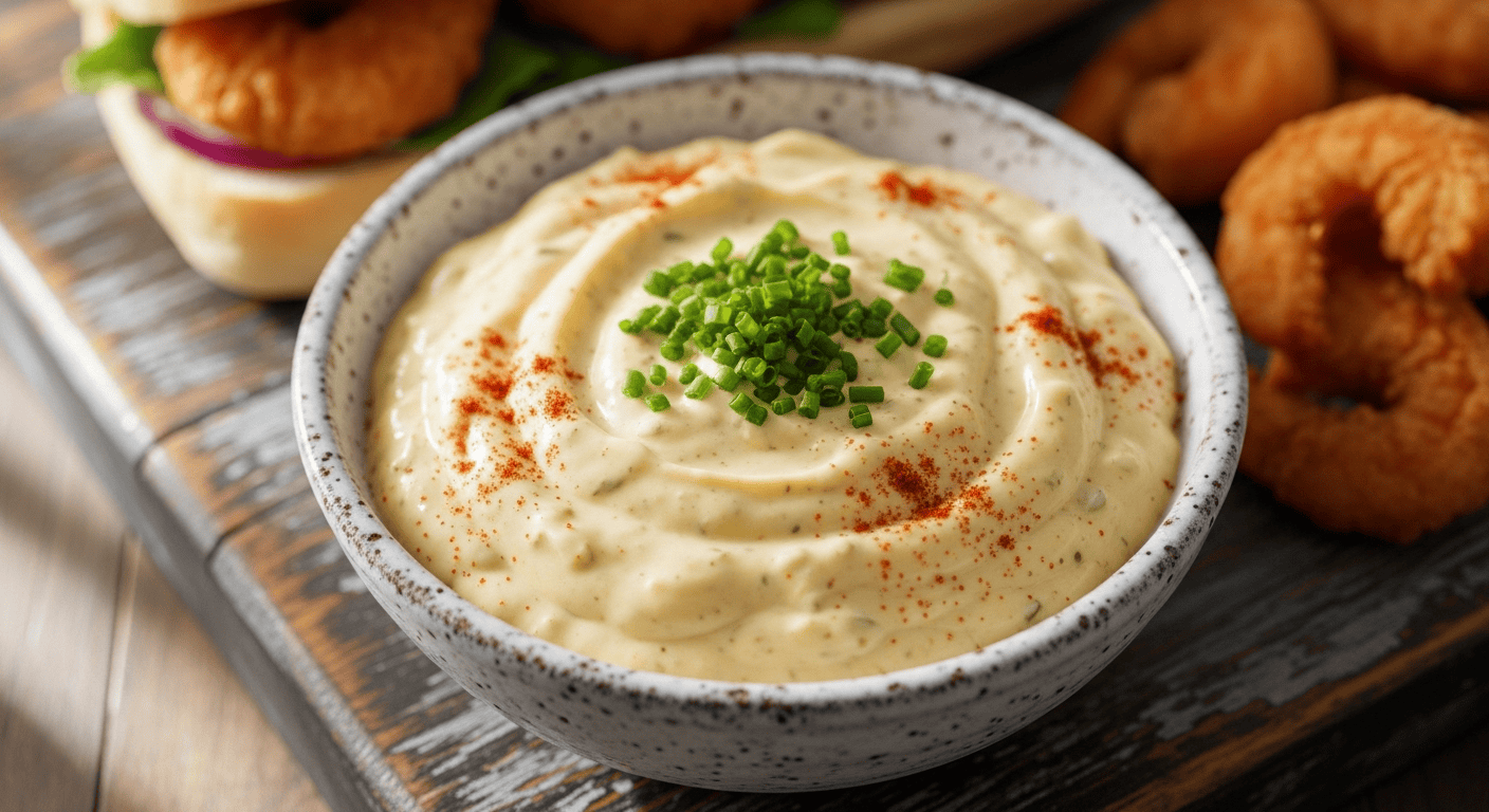 A close-up of a creamy easy remoulade sauce in a small white bowl with fresh chives.