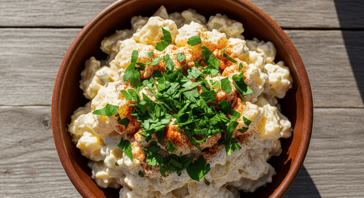 Easy Old-Fashioned Potato Salad: Creamy & Classic | by Tyla A close-up of a creamy and delicious easy old-fashioned potato salad served in a rustic bowl.