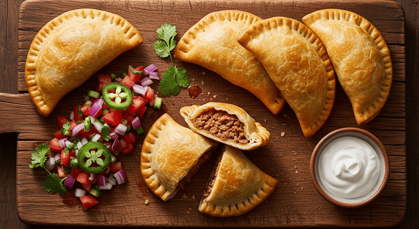 A close-up of golden crispy beef empanadas on a rustic wooden board with salsa.