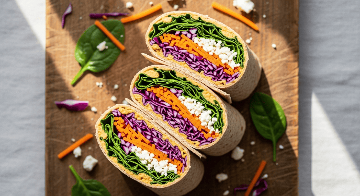 Make-Ahead Lunch Wraps: Easy & Flavorful Meal Prep by Tyla A close-up of delicious make-ahead lunch wraps, some cut in half to show the hearty bean and rice filling, arranged on a rustic wooden board.