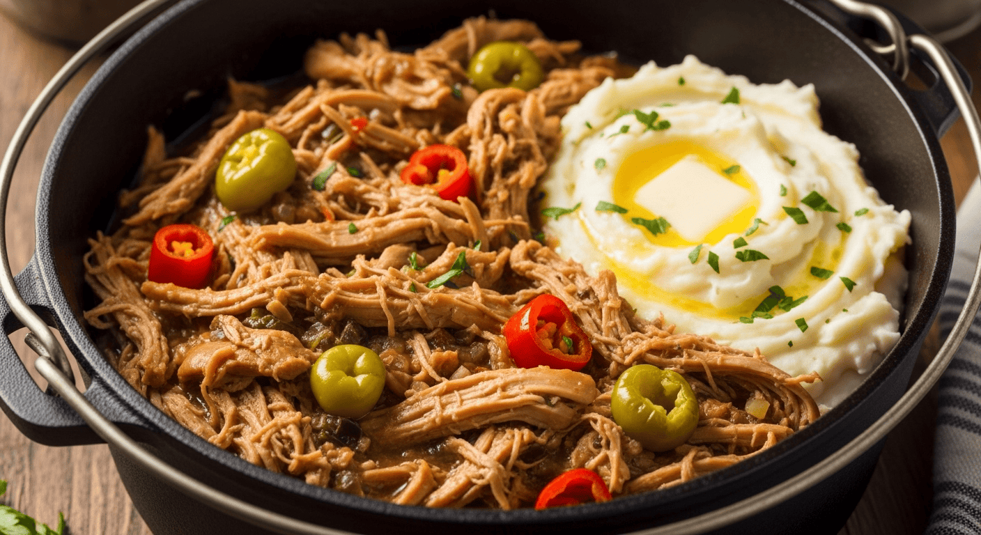 A close-up of tender, juicy Mississippi Chicken recipe served with its delicious sauce and peppers, in a rustic Dutch oven.