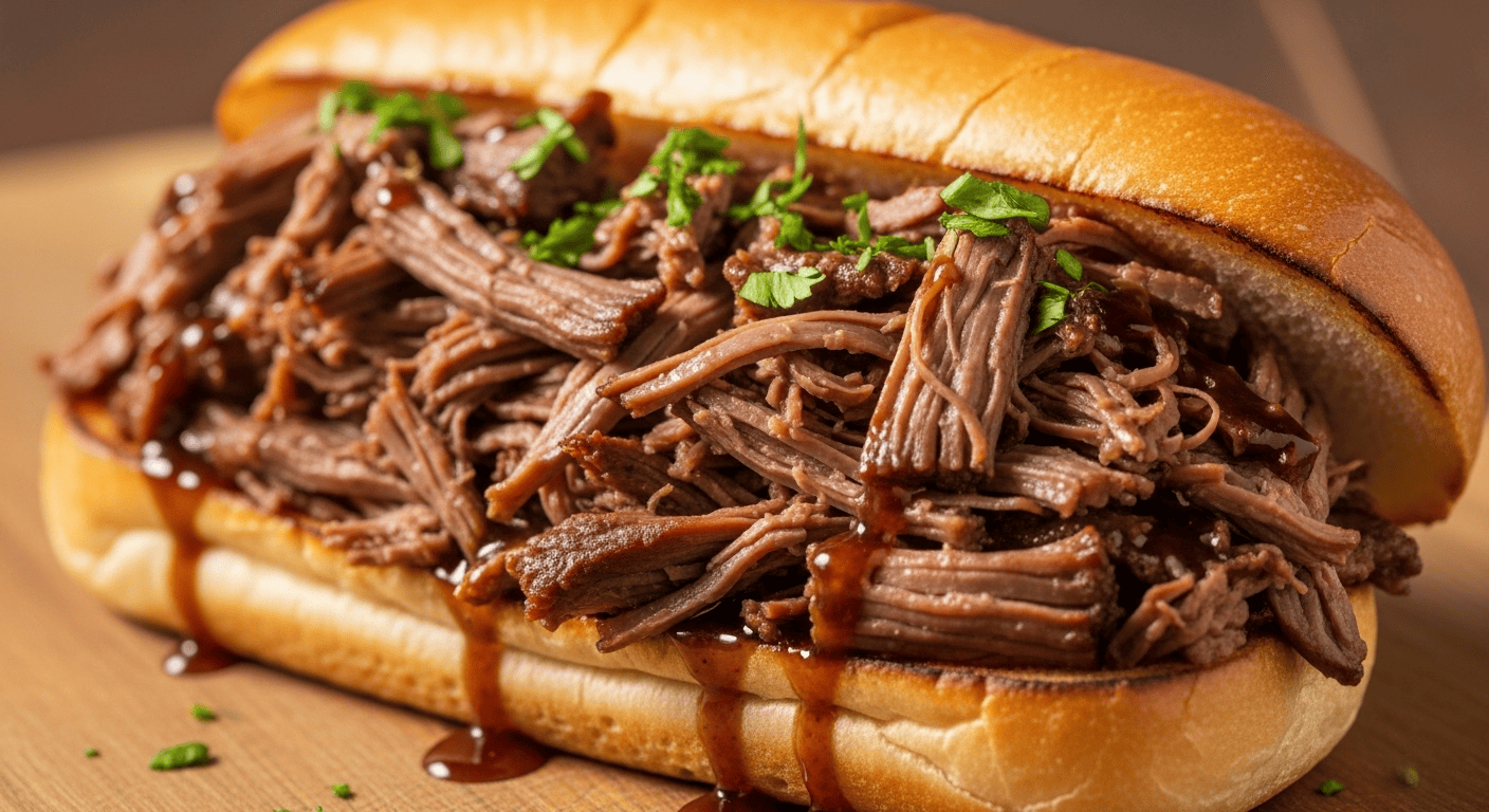 A close-up of a juicy Slow Cooker Italian Beef sandwich on a toasted roll with melted cheese and a side of dipping jus.
