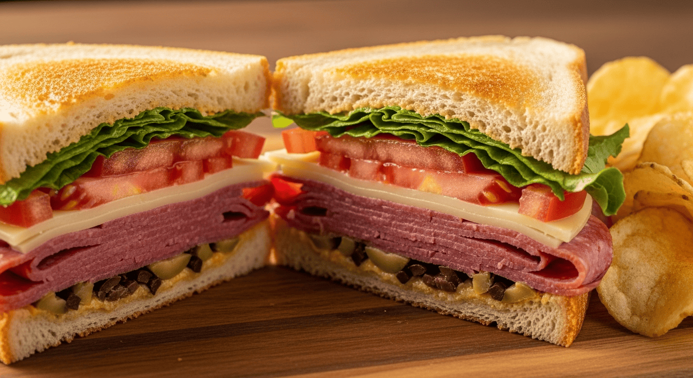 A close-up of a deliciously layered Zesty Salami Sandwich, cut in half, showcasing its fresh ingredients and zesty olive topping.