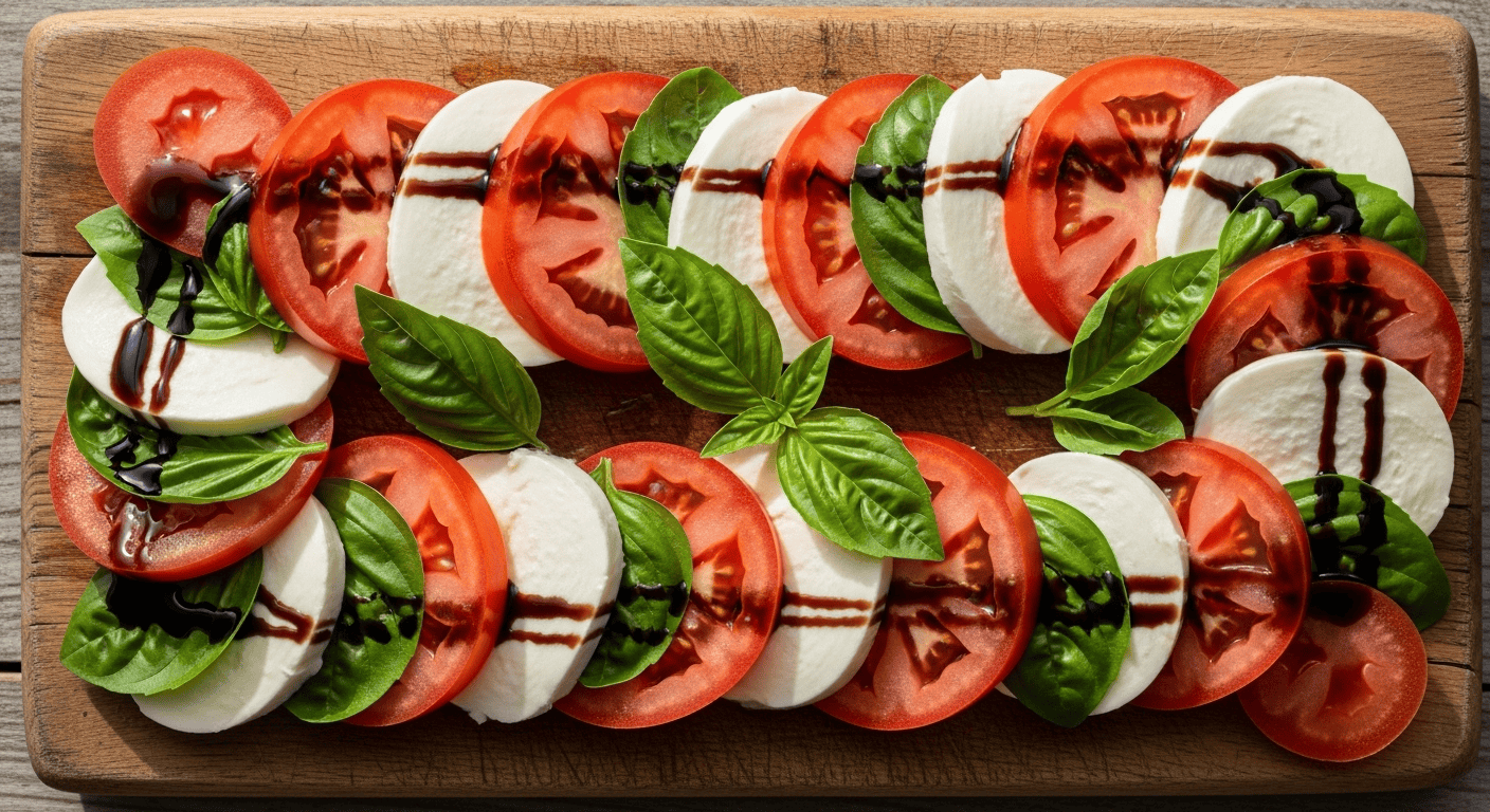Easy Caprese Salad with Balsamic Glaze | Ready in 10 Minutes A close-up of a vibrant Easy Caprese Salad with rich balsamic glaze on a white plate.