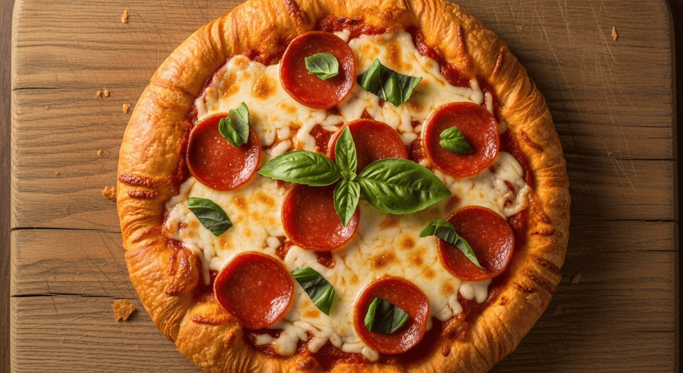 A close-up of a freshly baked Easy Croissant Pizza with pepperoni and melted cheese on a wooden board, garnished with basil.