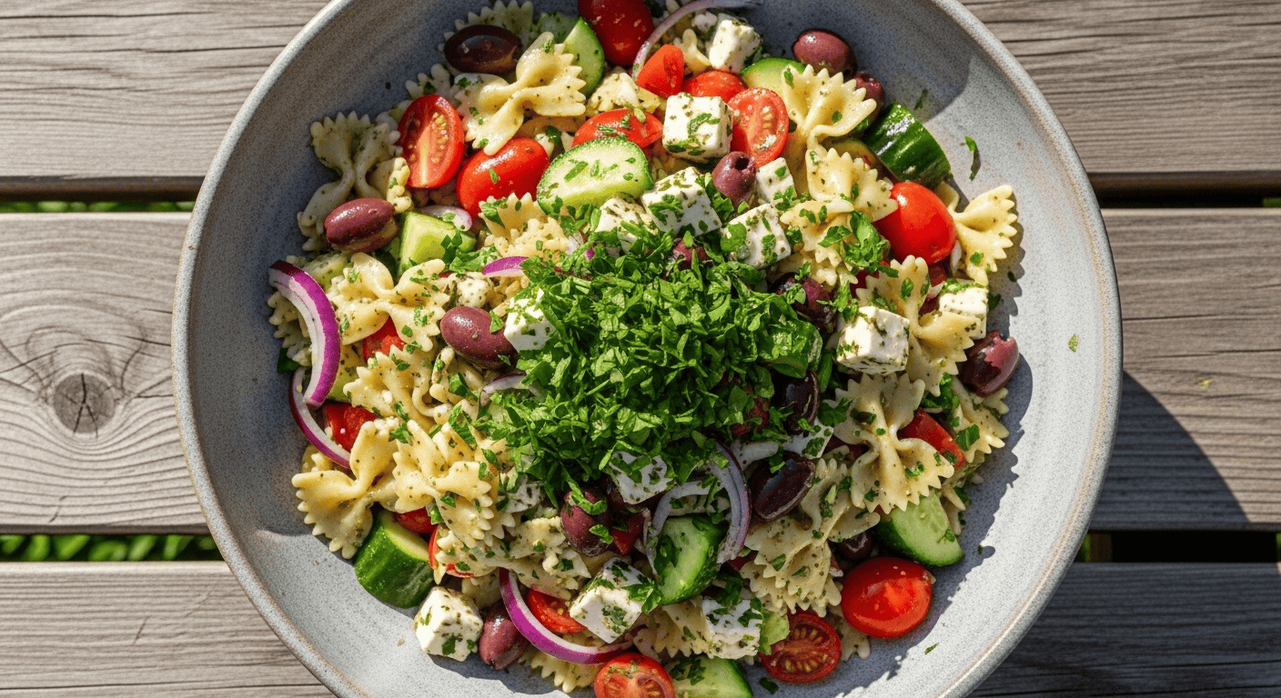 Easy Pasta Salad Recipe: Perfect for Any Braai! | by Tyla A close-up of a vibrant easy pasta salad recipe in a large white bowl, perfect for a summer picnic.
