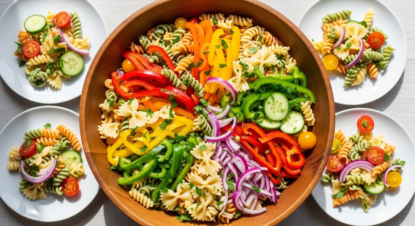 A close-up of a bowl of easy rainbow pasta salad, colorful and fresh, ready to be served.