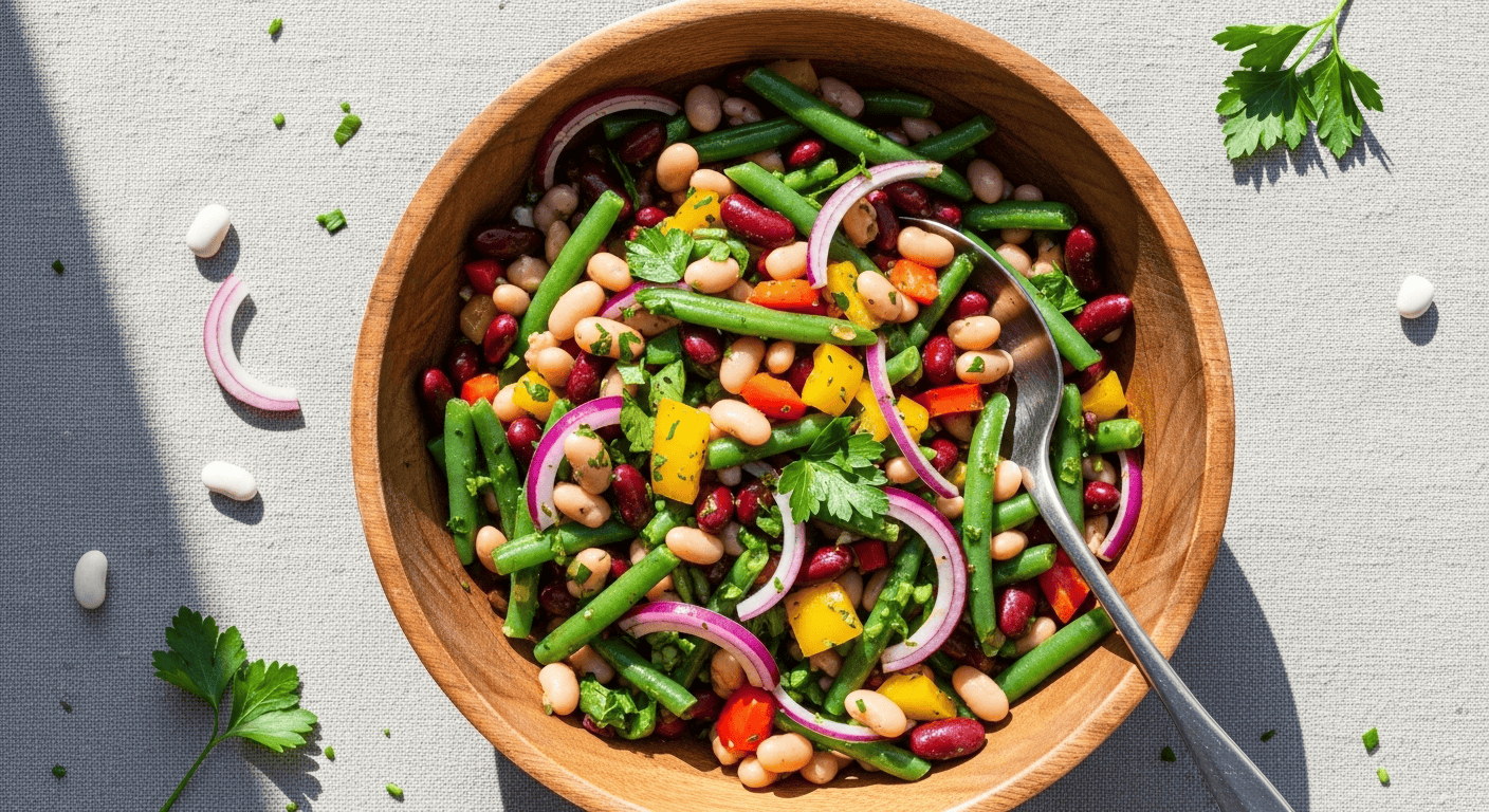 A close-up of a fresh and vibrant Easy Three Bean Salad in a rustic wooden bowl, ready to be served.