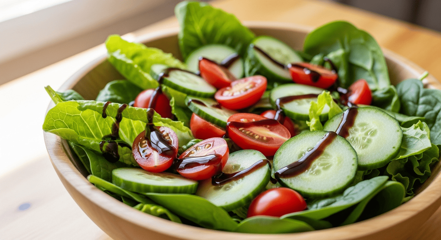 A vibrant salad bowl featuring crisp greens, cherry tomatoes, and cucumber, generously drizzled with glistening Homemade Balsamic Vinaigrette.