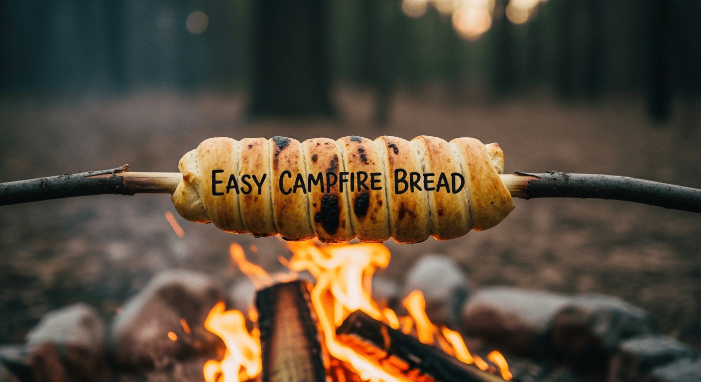 Easy Campfire Bread: Your Ultimate Braai Side! | by Tyla A close-up of a perfectly golden, fluffy easy campfire bread on a stick, held over a warm, glowing campfire.