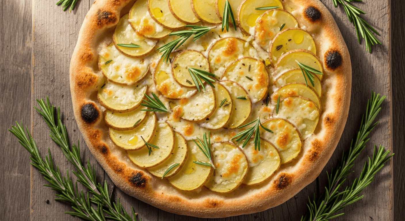 An overhead shot of a rustic Golden Potato and Rosemary Pizza on a wooden board, featuring crispy potato slices and fresh rosemary. Perfect for delicious gluten free dinner recipes.